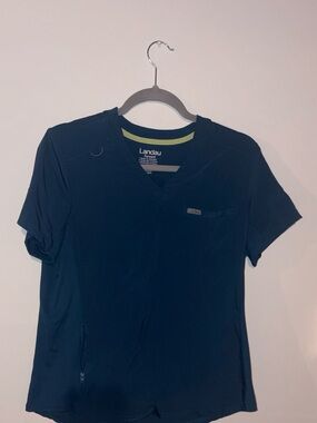 Landau Navy Short-Sleeve Scrub Top with Lime Neck Trim